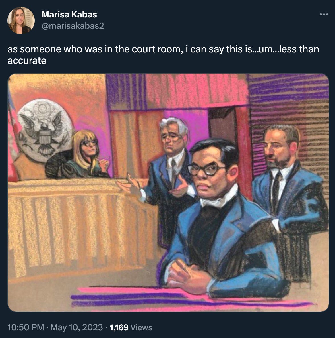 Marisa Kabas tweets “as someone who was in the court room, i can say this is…um…less than accurate” above a court sketch of George Santos in a bisexually-lit vaporwave courtroom, looking extremely snatched.