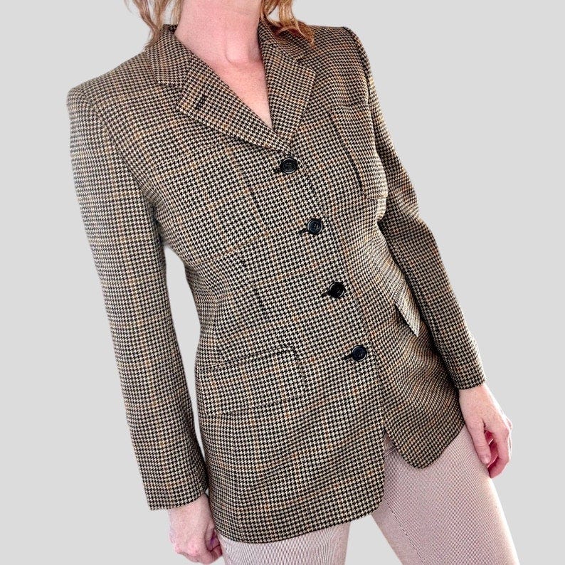 Vintage 90's Jones New York Androgynous Equestrian Prep Houndstooth Worsted Wool Blazer Jacket M image 1