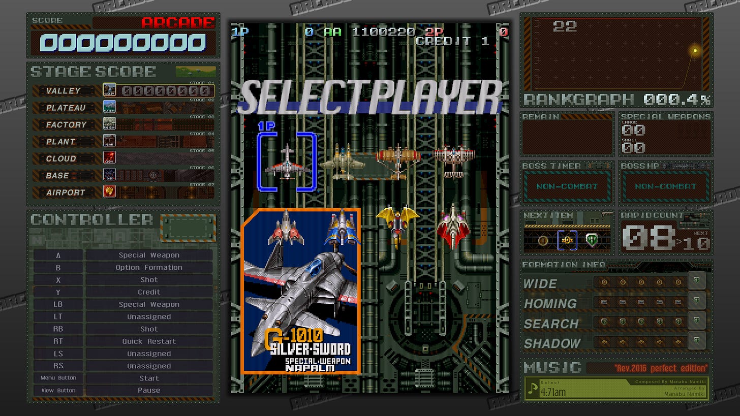A screenshot from the M2 ShotTriggers release of Battle Garegga's ship select screen, with all eight fighters available to choose from.