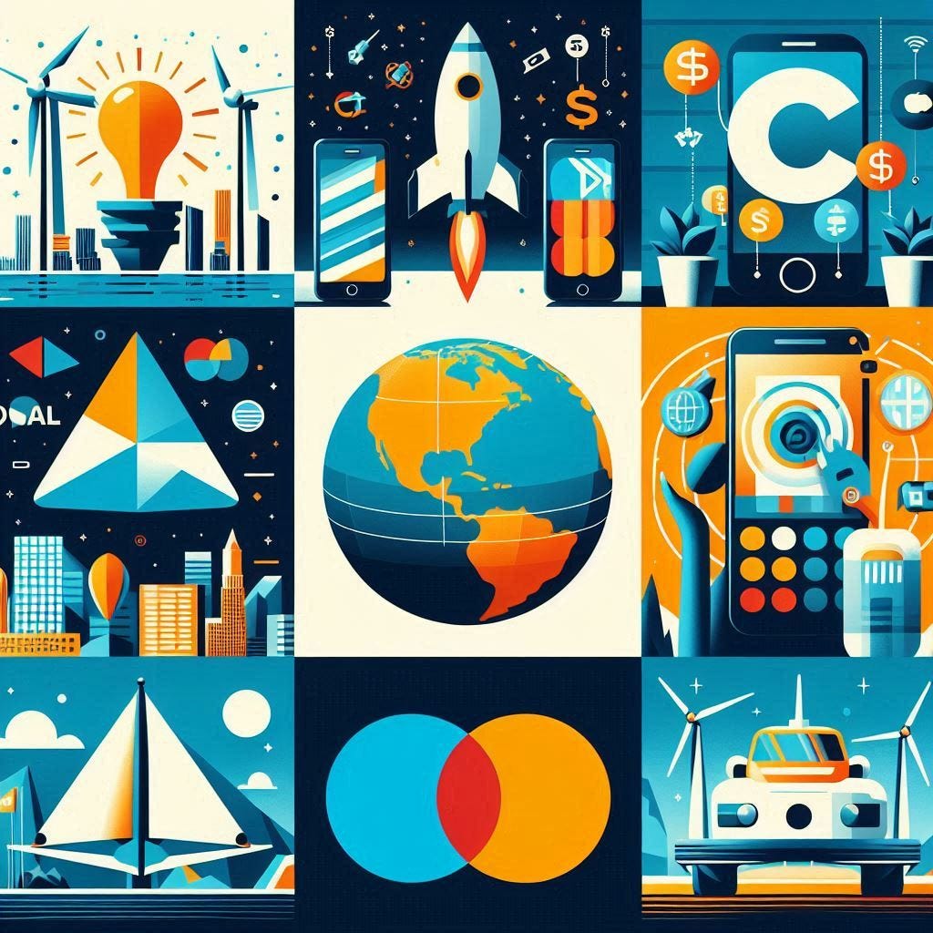 Flat design collage of top global companies logos (Apple, Google, Mastercard, Tesla, etc.), clean layout, financial tech theme