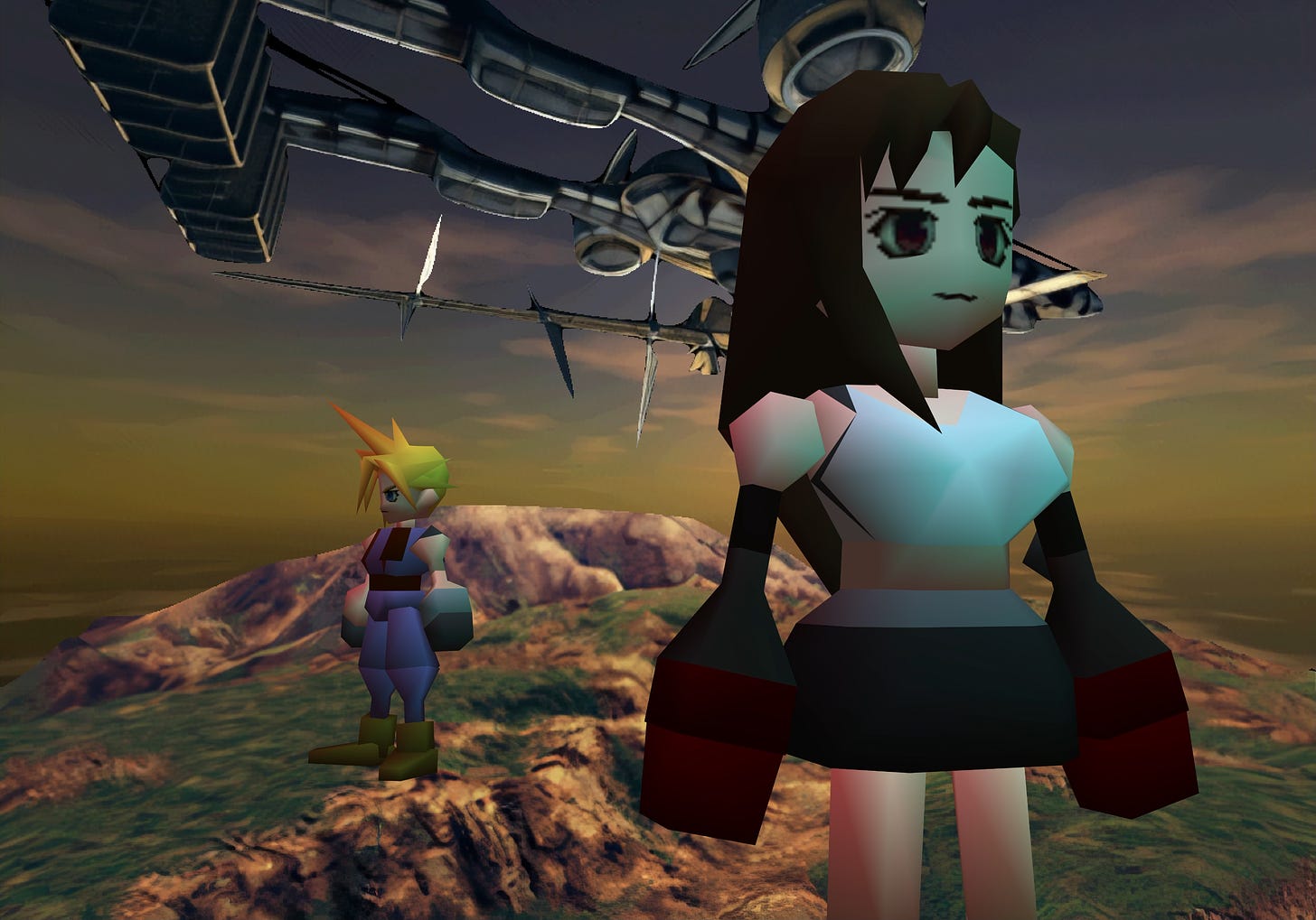 Cloud and Tifa spend some quality time underneath the Highwind before the final confrontation with Sephiroth.