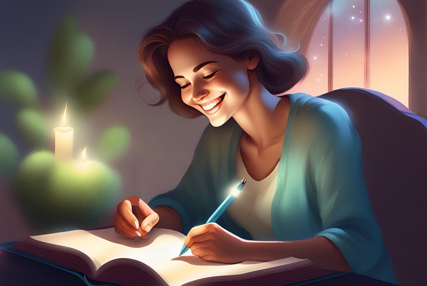 Illustration of a happy woman writing in a journal