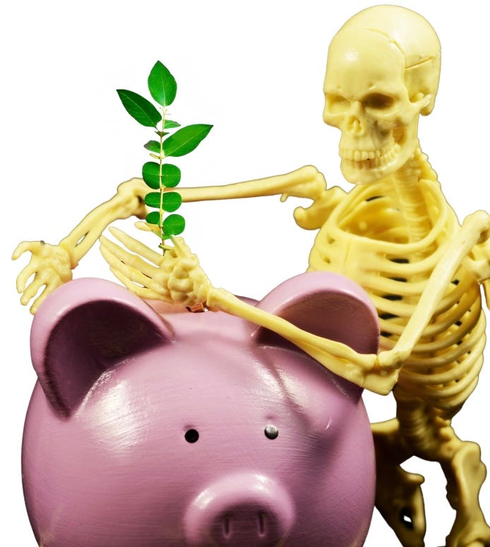 Small skeleton embracing pink piggy bank. Skeleton has a plant in its hand 