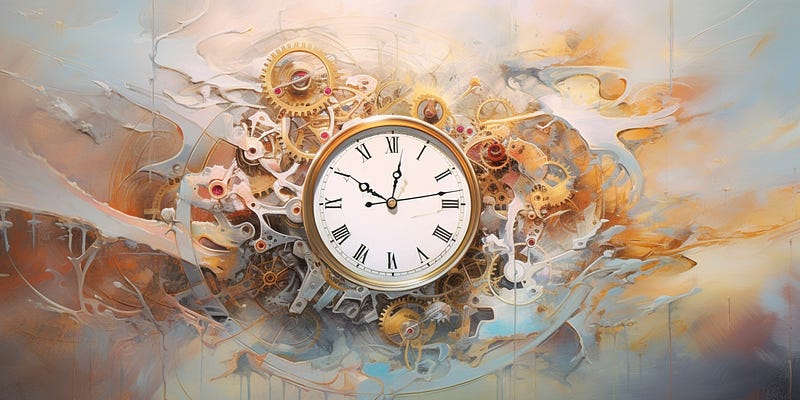 Clock floating in a dream like world of gears