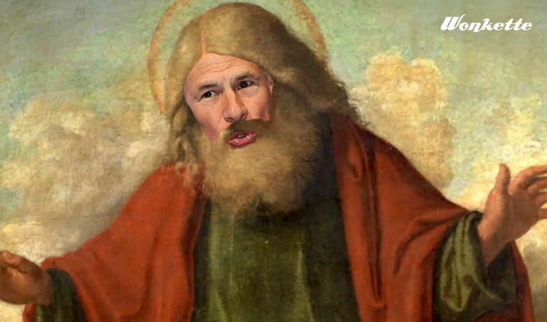 Blasphemous bad photoshoop of a renaissance painting of God, with Greg Abbott's face. 