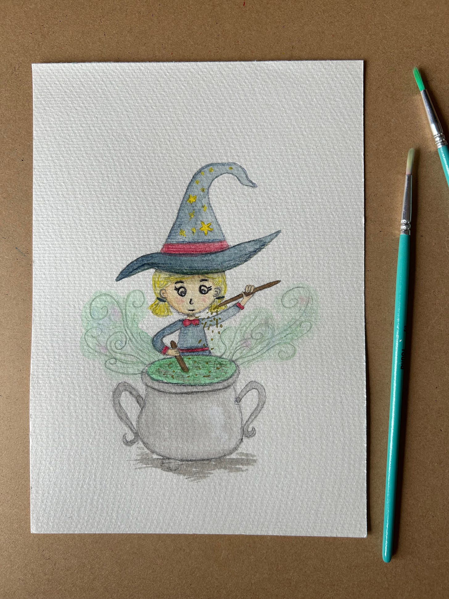 Illustration on watercolour paper featuring a young witch hovered over a cauldron as she mixes a concoction.
