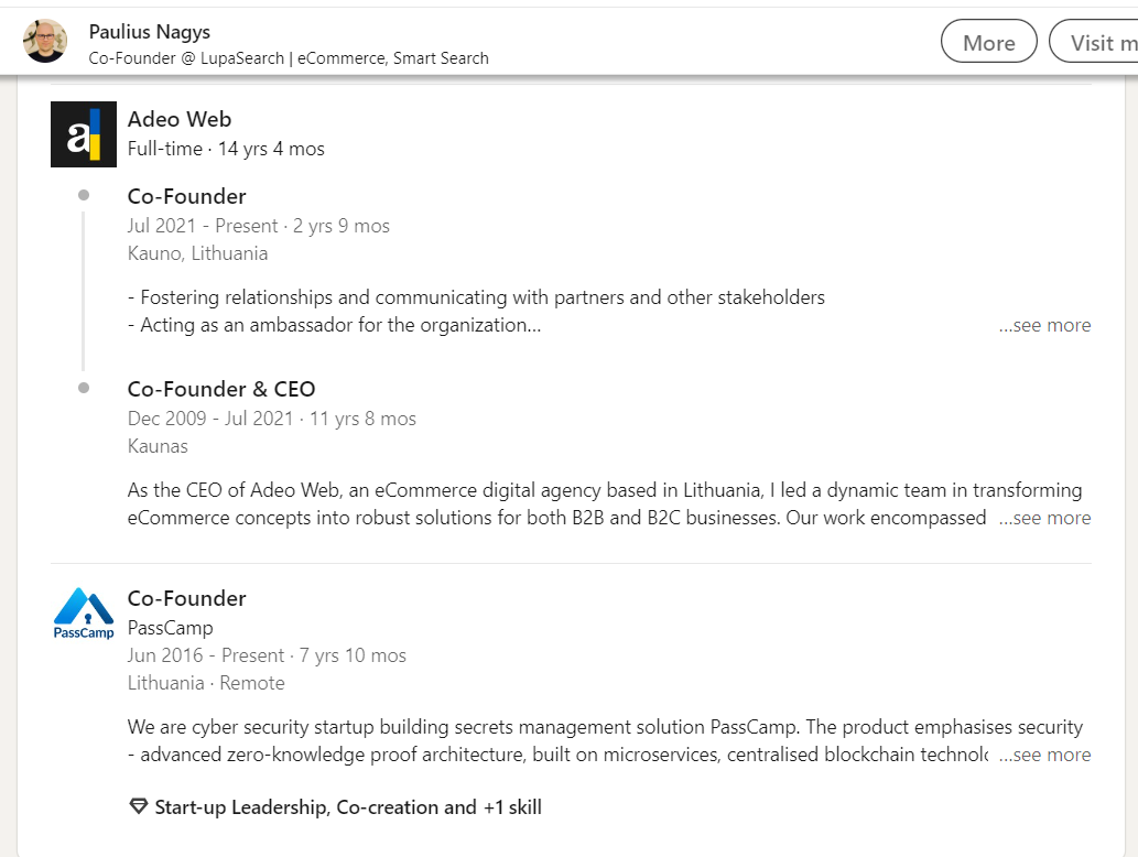 A screenshot of Paulius Nagys LinkedIn profile showing him as co-founder of PassCamp and Adeo Web