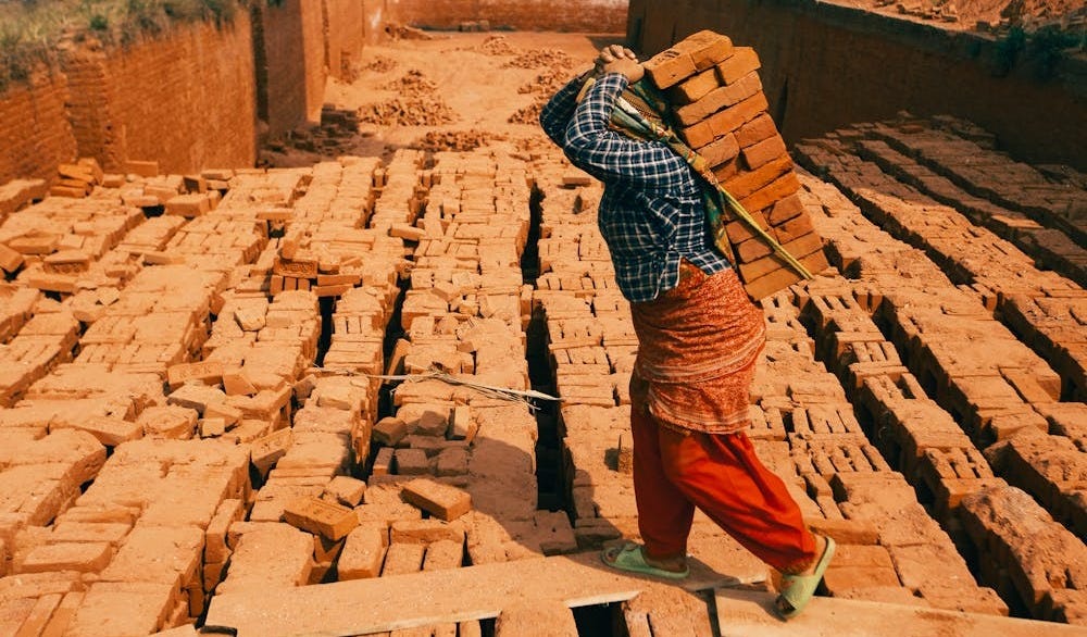 Free A woman in checkered shirt and orange pants carries bricks at a construction site. Stock Photo Free A woman in checkered shirt and orange pants carries bricks at a construction site. Stock Photo
