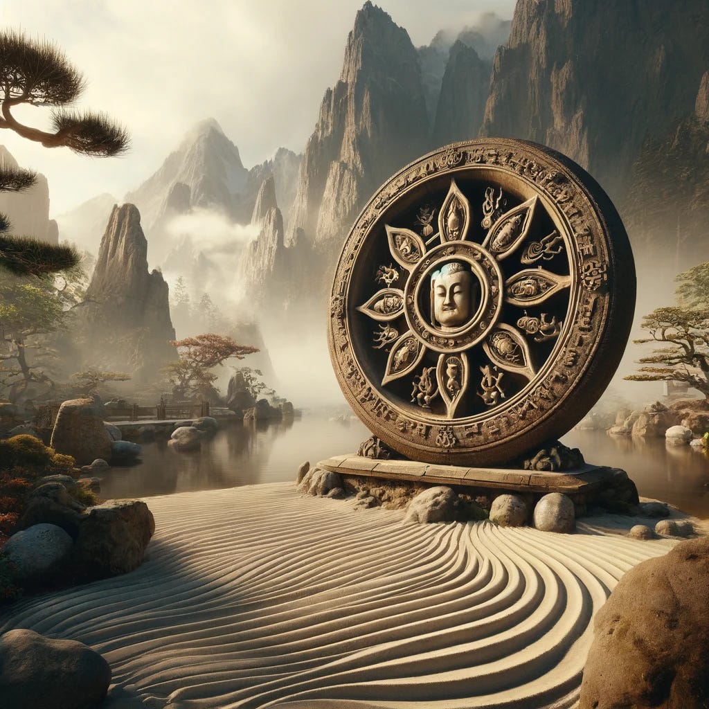 To create an image that expresses "Not-a-yana" by integrating Taoist and Buddhist themes with a focus on the Buddhist Dharmachakra in place of the Yin-Yang symbol, imagine a scene where the eight-spoked Dharmachakra, symbolizing the Buddha's Eightfold Path, is central. This wheel is positioned within a tranquil Zen garden, reflecting a blend of Buddhist teachings and Taoist harmony with nature. The Dharmachakra is made of stone, intricately carved, standing at the heart of the garden surrounded by meticulously raked sand that suggests water flowing around it, embodying the fluidity and adaptability of Taoism. Around this focal point, ancient bonsai trees and smooth stones dot the landscape, with a backdrop of towering, mist-shrouded mountains that evoke a sense of spiritual journey and the search for enlightenment common to both paths. A gentle stream meanders through the scene, its water clear and calm, reflecting the surrounding beauty and symbolizing the Taoist principle of living in harmony with the Way. The entire garden is bathed in the soft light of dawn, casting long shadows and highlighting the texture of the sand and stone, creating a serene atmosphere that invites contemplation and inner peace. This image seeks to embody the essence of "Not-a-yana", marrying the path of the Dharma with the natural flow of Tao, inviting onlookers into a meditative reflection on the interconnectedness of all paths to enlightenment.