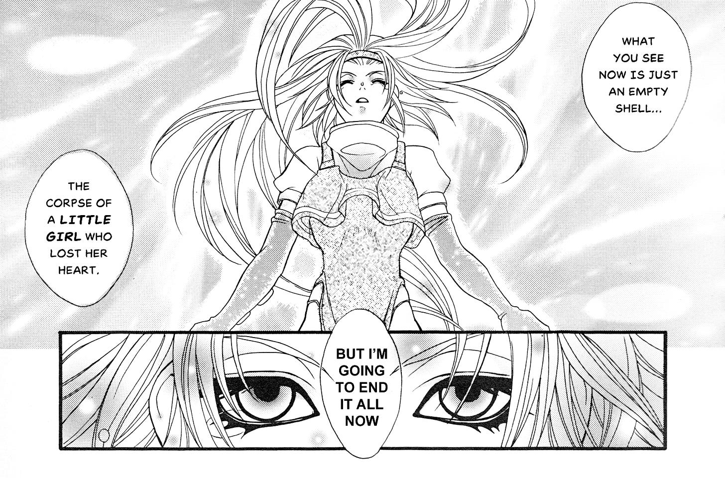 A manga page with Millia Rage powering up an attack. The text on her right reads, “What you see now is just an empty shell…” and on her left, “The corpse of a little girl who lost her heart.” A panel with a closeup of her unfocused eyes reads, in a strong font, “But I’m going to end it all now.”