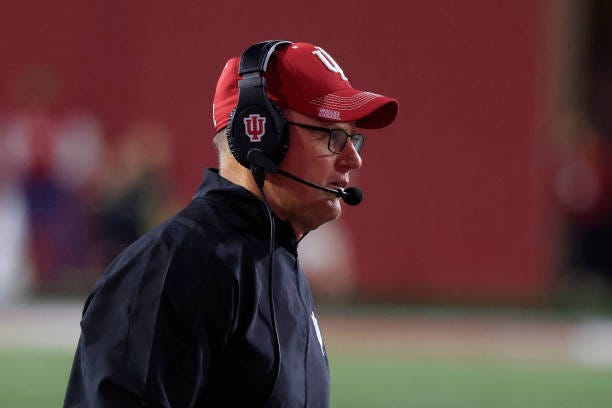 Head coach Tom Allen of the Indiana Hoosiers on the field against the Purdue Boilermakers at Memorial Stadium on November 26, 2022 in Bloomington,...