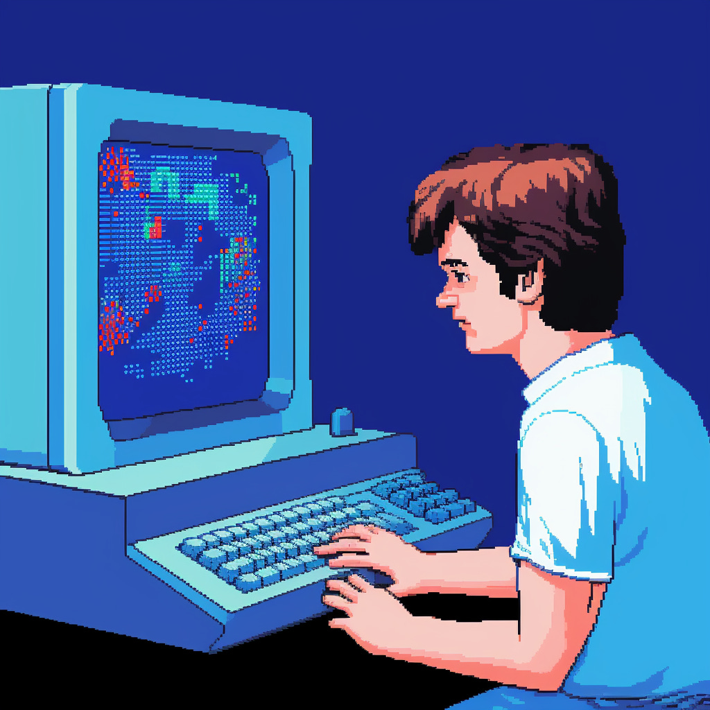 a programmer developing a game on his apple ii, blue background, pixel art 