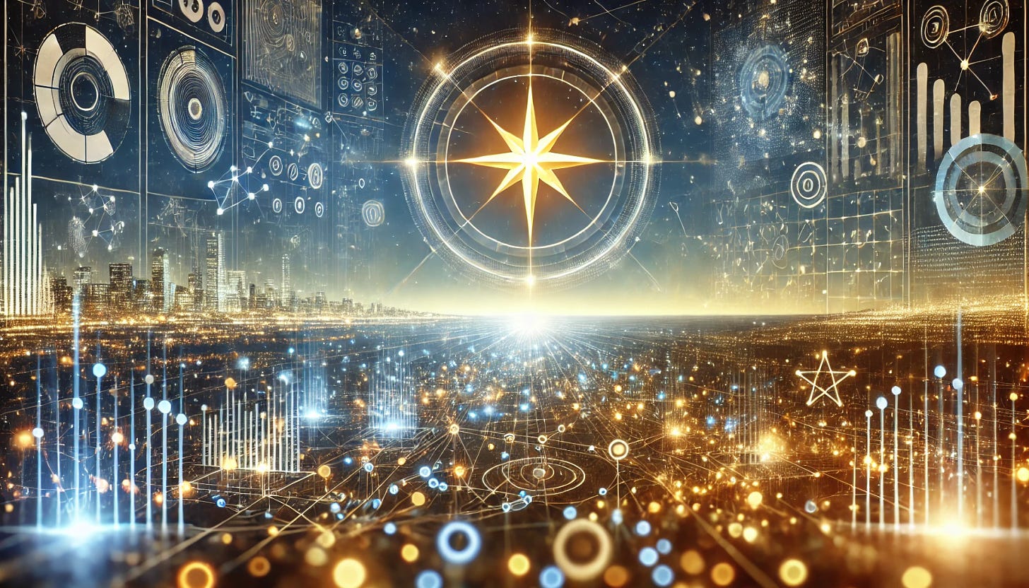 A futuristic, inspiring scene representing 'A Vision for Data & Analytics'. The image shows a shining North Star in the sky, symbolizing a guiding vision, without any text. Below, there is a landscape filled with abstract data flows, lines, data nodes, graphs, and charts, glowing with blue and gold light. The data flows are more linear, with fewer circles. In the background, modern cityscape or digital structures represent technological advancement, with holographic data displays floating around. The overall atmosphere is bright and optimistic, with the North Star as the focal point, guiding the data-driven transformation.