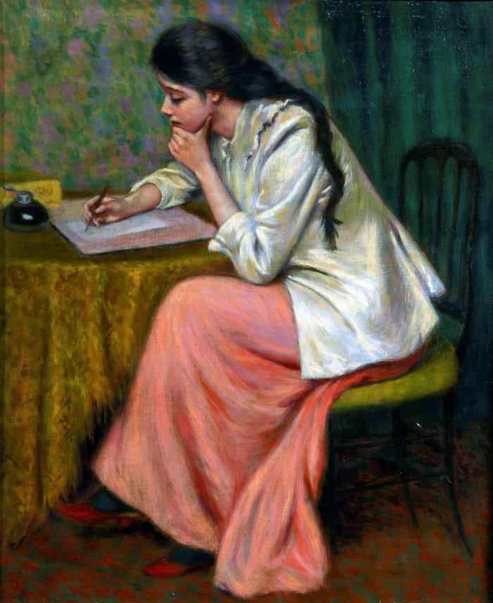 A painting of a young woman with dark hair, and wearing a white jacket and long pink skirt, sitting at a small round table writing a letter