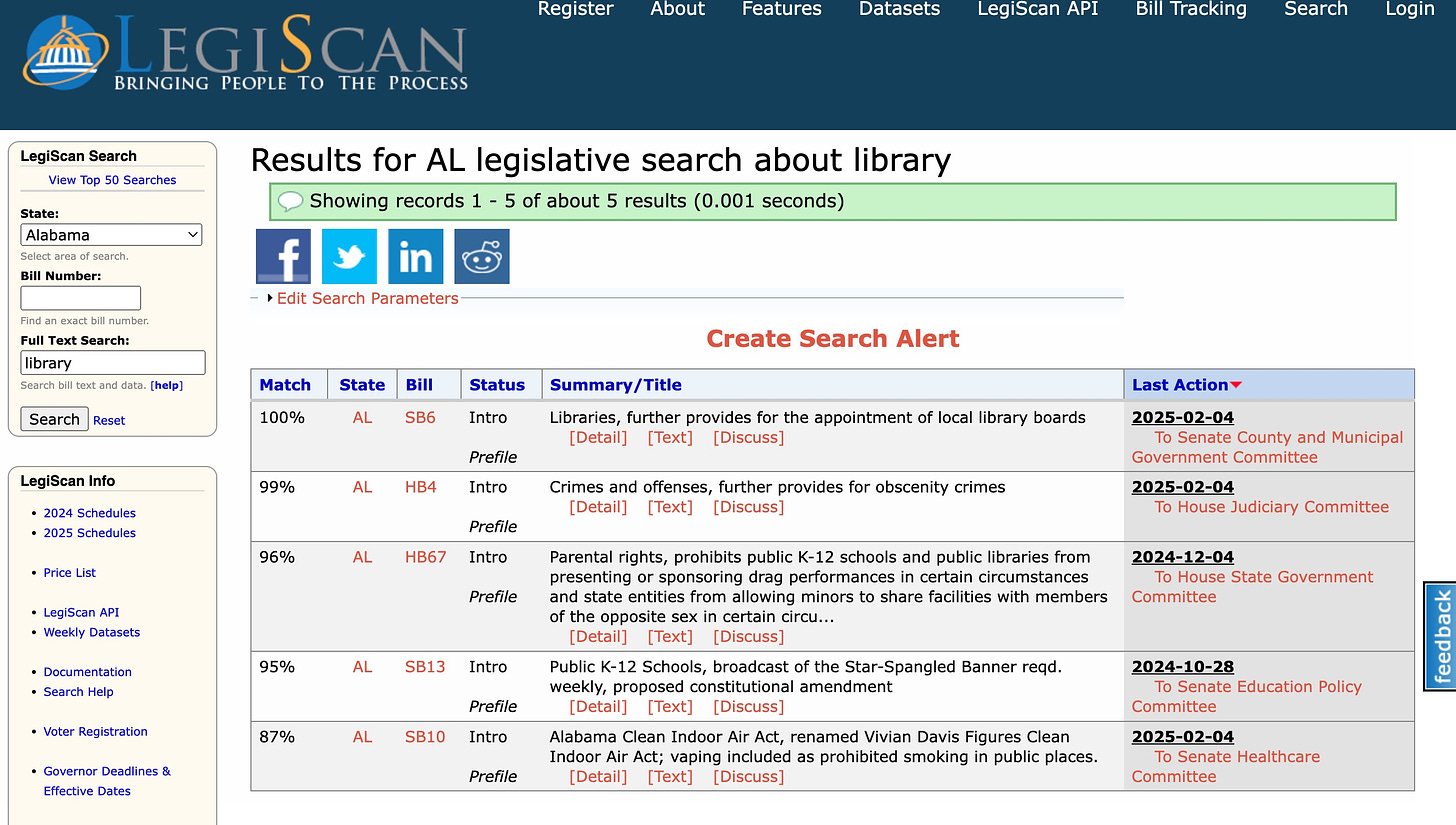 screen shot from legiscan of a search for alabama bills related to "library."