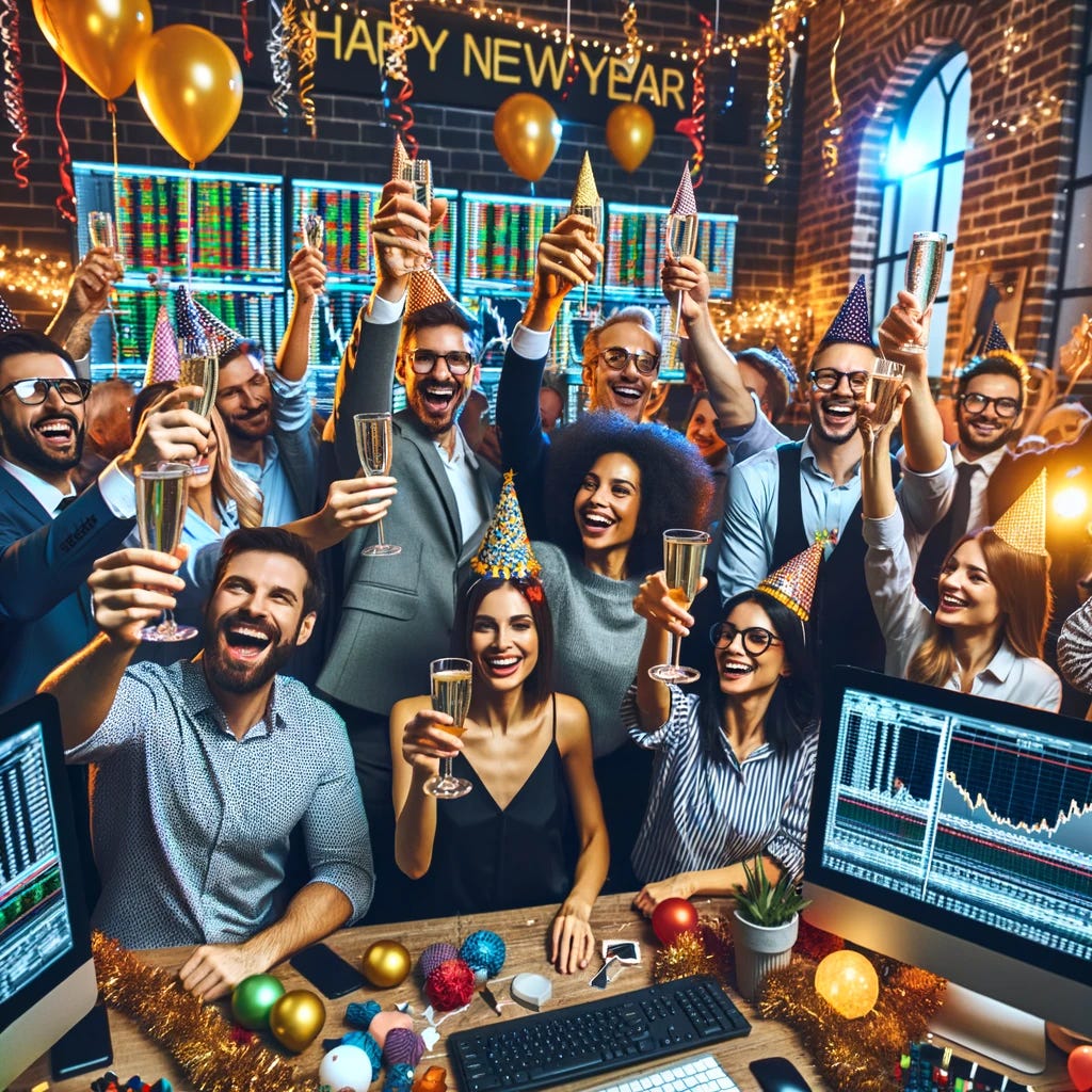 A festive and lively New Year's celebration in a modern trading office. The scene shows a diverse group of traders, both men and women of various descents, cheerfully toasting with glasses of sparkling cider. They are surrounded by decorations like streamers, balloons, and a 'Happy New Year' banner. In the background, computer screens display stock market charts, but they are momentarily forgotten as the traders enjoy the moment, wearing party hats and smiling broadly. The atmosphere is one of joy, camaraderie, and optimism for the year ahead in the trading world.