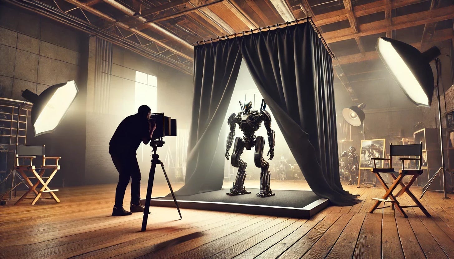 A photographer using an old large format camera to photograph a new AI powered robot