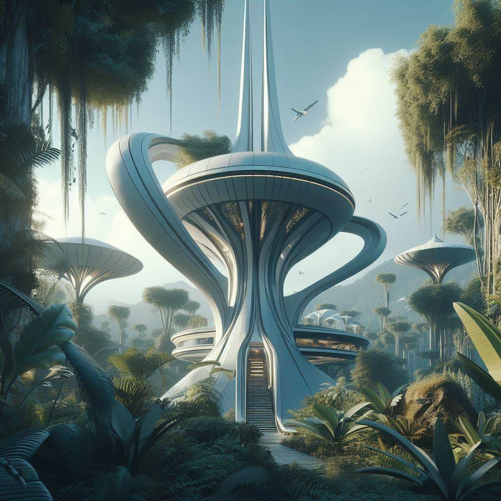 neofuturist art nouveau scifi elven minimalist space colony mass effect architecture in jungle