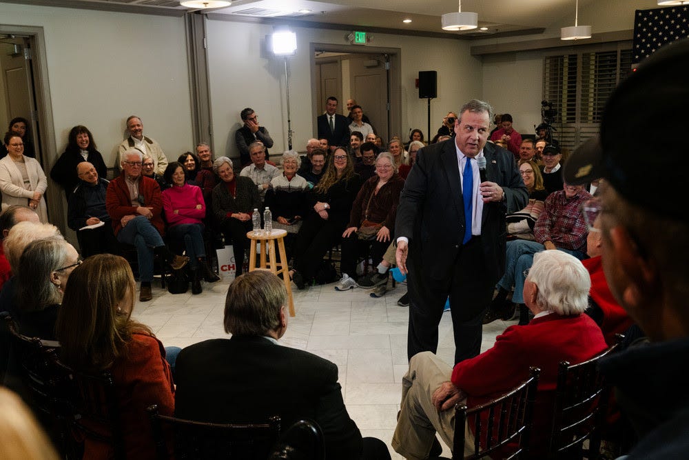 Former New Jersey Gov. Chris Christie speaks during a town hall in Bedford, New Hampshire. 