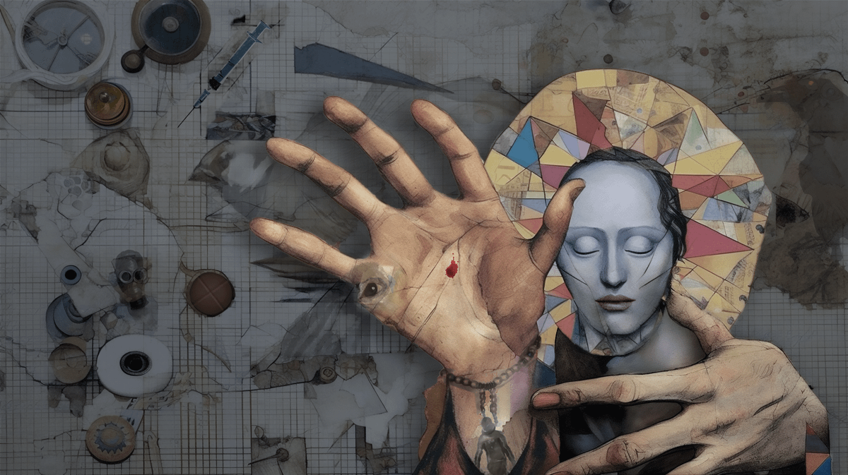 "If You Meet a Saint along the Road," original digital tableau by the author. In a surreal cubist collage, a female saint holds up her hand as another hand reaches around her throat. In the background crows, gas masks, syringe, pills, school bell, objects of control. Digital tools include AI.