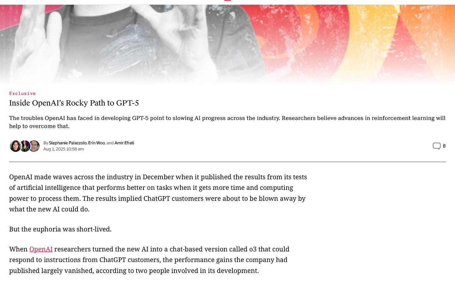 A report from The Information stating that OpenAI is struggling with GPT-5, which is not expected to be a major leap, and that the company is looking beyond scaling for progress.