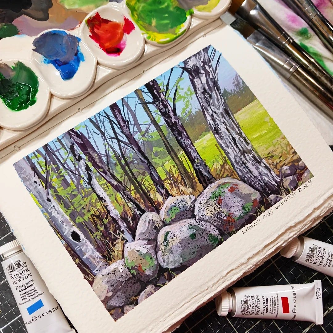gouache painting of a rocky landscape