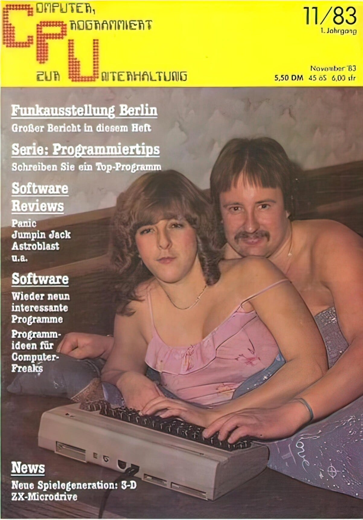Titelblatt einer alten Computerzeitung, das ein junges Pärchen im Bett liegend zeigt, dass sich gerade einem PC wirmet.