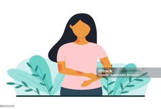 Woman with skin problems. Psoriasis or eczema concept. Flat style vector illustration. Psoriasis stock vector
