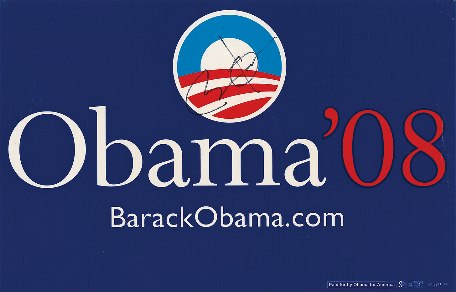 This image shows a famous campaign sign from Barack Obama's successful 2008 presidential run. The phrase "Obama '08" appears in the center (with "Obama" in white type and "'08" in red type). Beneath this slogan can be seen "BarackObama.com" in white letters. Above this slogan is a circular icon with the American flag's red-and-white stripes symbolizing a field (or a road), a white half-circle symbolizing the sun, and a blue, circular arc symbolizing the sky. Obama's signature spans this icon's width. This image shows a famous campaign sign from Barack Obama's successful 2008 presidential run. The phrase "Obama '08" appears in the center (with "Obama" in white type and "'08" in red type). Beneath this slogan can be seen "BarackObama.com" in white letters. Above this slogan is a circular icon with the American flag's red-and-white stripes symbolizing a field (or a road), a white half-circle symbolizing the sun, and a blue, circular arc symbolizing the sky. Obama's signature spans this icon's width.
