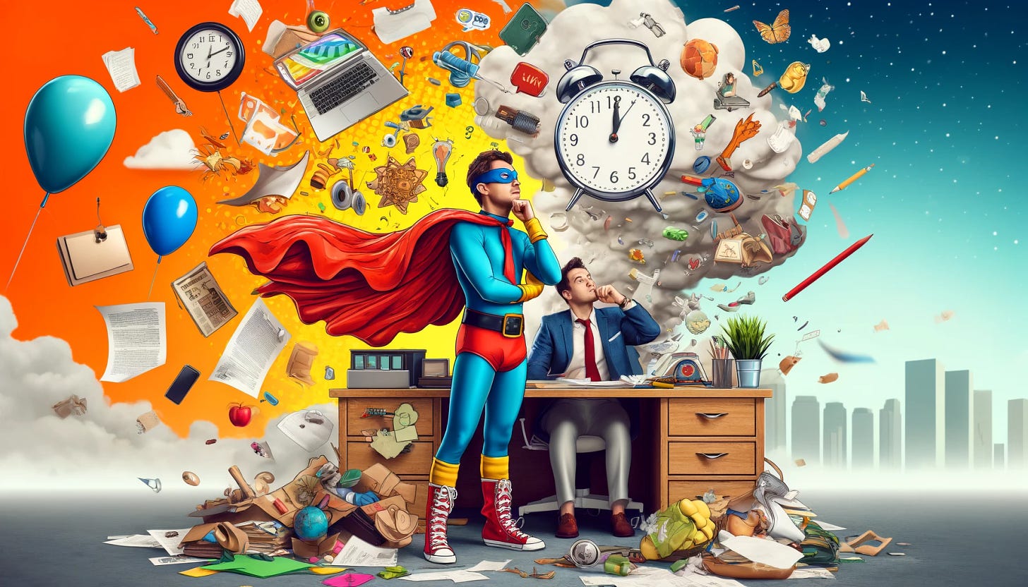 Create a whimsical and humorous wide image featuring a superhero in a classic thinking pose, surrounded by mundane objects like paperwork, clocks, and desk accessories flying around in a chaotic manner. This superhero is dressed in a vibrant, mismatched costume, symbolizing the creative and erratic nature of an ADHD entrepreneur. In the background, a dull office setting is transformed into a colorful, imaginative landscape, with a giant, bored-looking cat lounging on a cloud, watching over the scene. The image embodies the theme of turning boredom into an opportunity for innovation and humor.