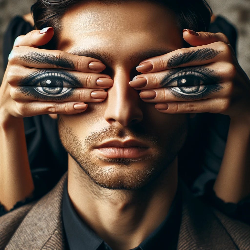 Create an image of a serious man whose eyes are covered by a lady's hands. On the lady's fingers, where they cover the man's eyes, draw eyes on top, giving the illusion that the man is seeing through the eyes drawn on the lady's fingers. The setting is artistic and thought-provoking, capturing a moment of deep connection and intrigue between the two. The man's expression is serious and contemplative, while the hands covering his eyes add an element of mystery and creativity to the scene.
