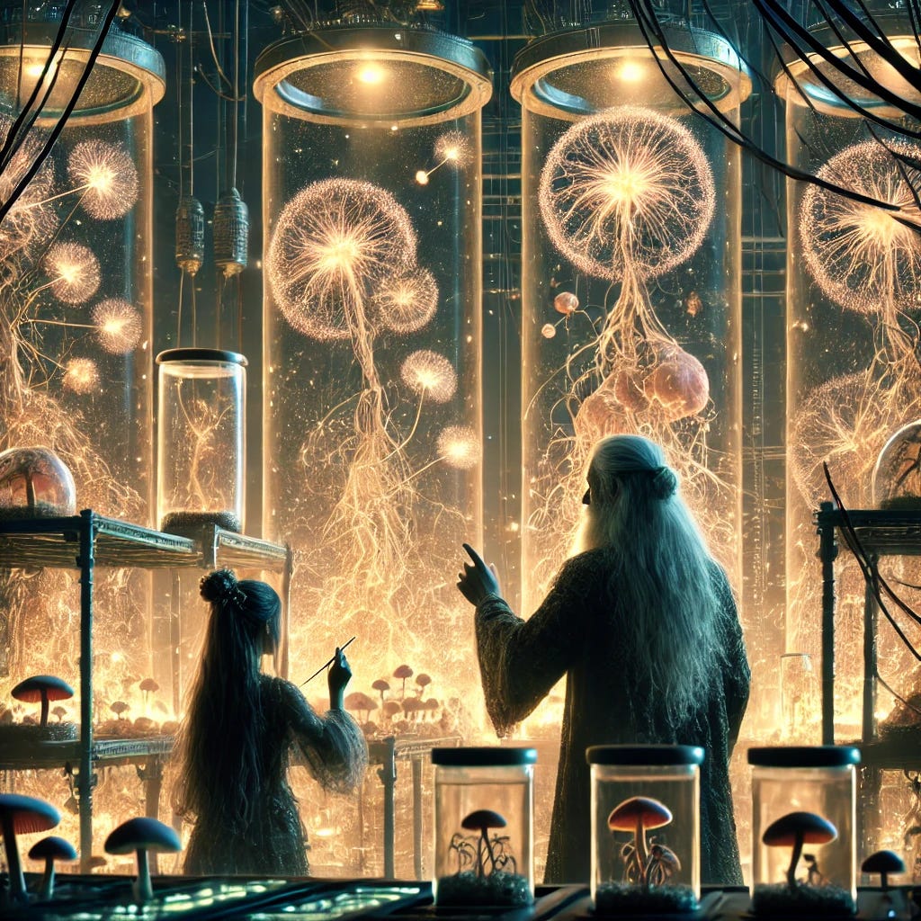 A silhouette scene of Alexandra and Miguel in an advanced, organic technology lab. The image shows them from behind as they work on a glowing bioprocessor network integrating mouse neuron clusters, fungal mycelium structures, and brain organoid bioprocessors. The lab is filled with bio-chambers emitting a soft, organic glow, intricate mycelium webs lit with subtle electricity, and transparent containers holding living networks. Alexandra has long flowing hair with a flower crown, and Miguel is depicted as an older man with long white hair and a beard, wearing a rustic yet modern outfit. The atmosphere is futuristic yet natural, combining advanced science with earthy aesthetics.