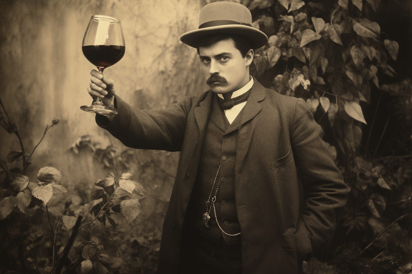 Upscaled image of a Victorian man holding a glass of wine