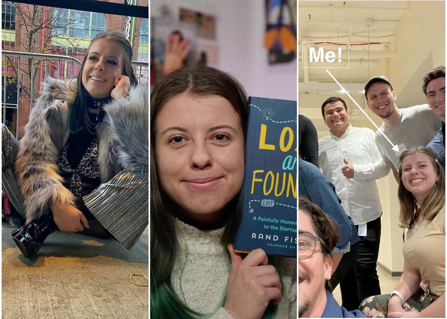 A collage of three photos: a white woman (me) wearing a fluffy jacket, shiny pants, and black shiny boots while smiling and sitting on the ground. Me smiling in my old office holding Rand Fishkin's book "Lost and Founder", and me smiling in Notion's office near some members of their team.