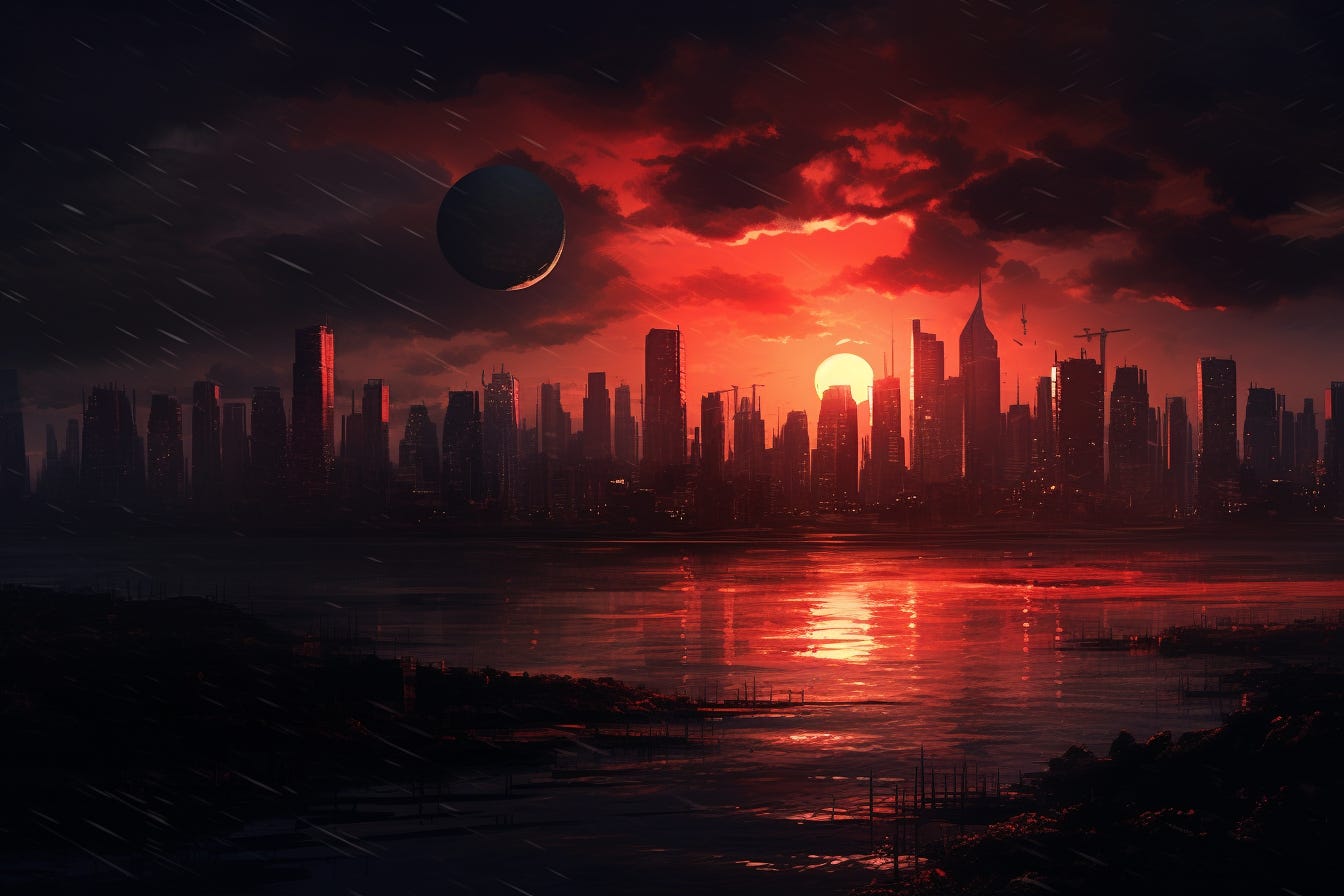 Red-tinted sunset over a city