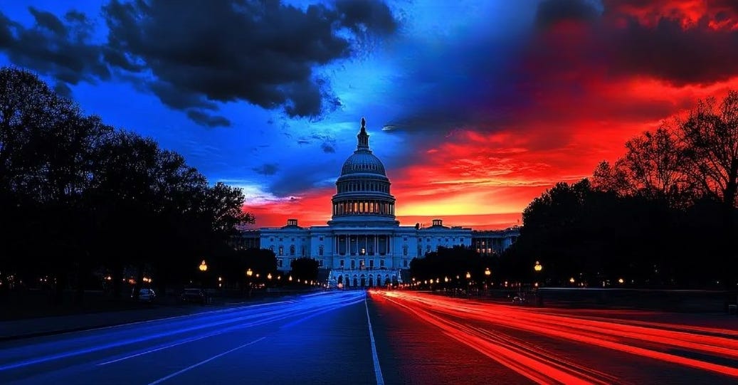 United States Capitol building with a red and blue gradient, symbolizing the partisan battle for congressional control.