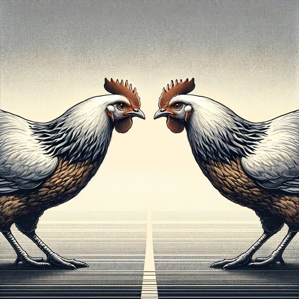 Illustration in a sophisticated and professional news graphic style, showing two chickens facing off against each other. The scene captures the intensity of their standoff, with each chicken positioned on opposite sides of the image. The chickens should be drawn realistically, with attention to detail in their feathers and expressions. The background should be minimalistic, focusing the viewer's attention on the confrontation between the chickens. The overall image should convey a sense of drama and tension, while maintaining the polished look of high-quality newspaper and magazine graphics.