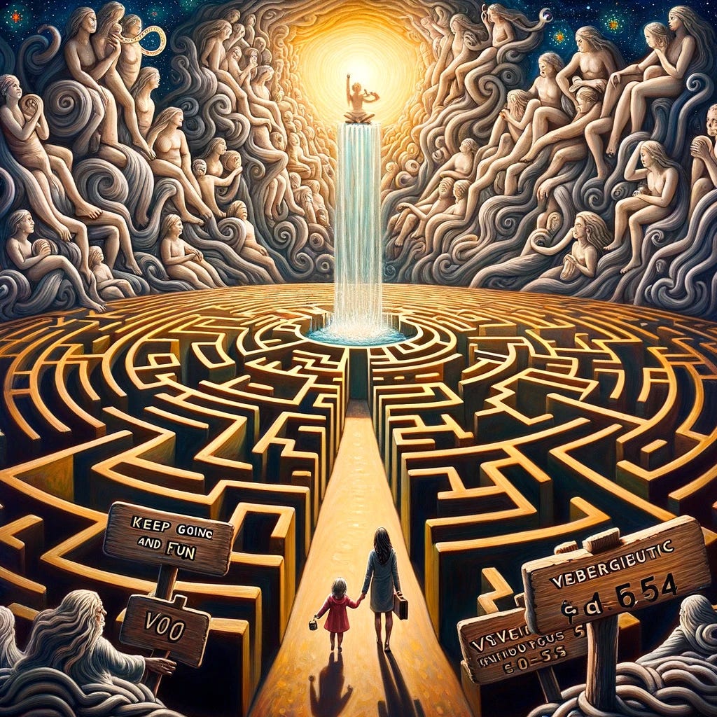 Oil painting in the style of Salvador Dali showcasing Sarah Drinkwater in a vast labyrinth. As she navigates, her younger self shadows her, reminding her to 'keep going and have fun'. Walls of the maze are made of intertwined narratives, symbolizing the importance of a cohesive story in fundraising. Emerging VCs, depicted as ethereal wanderers, seek guidance from scrolls floating above. In the center of the maze, a fountain flows, with one stream emitting glowing numbers and the other, a radiant heart, emphasizing the counterintuitive balance of intuition and data in venture.