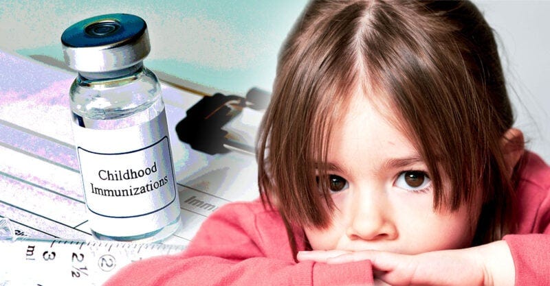 vaccine bottle with words "childhood immunizations" and girl