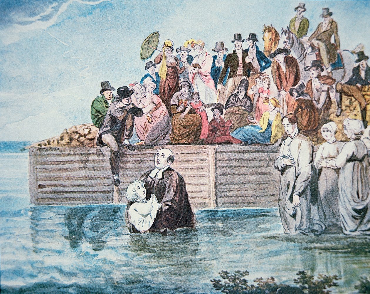 Anabaptists of Philadelphia witness a full immersion baptism in a river  (colour litho)