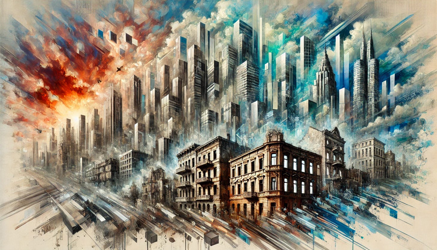 An abstract, surreal cityscape where the past and future dissolve into each other, with historic buildings blending into a modern skyline. The older structures are fragmented, weathered, and partially erased, while the modern city emerges vividly behind them, composed of dynamic, geometric forms that struggle to break free. The composition is painterly and fluid, capturing the instability of history and progress as they merge and shift. The past is depicted in muted, desaturated tones, while the future is more defined and vibrant, reinforcing the contrast. The sky swirls with expressive, moody clouds, creating a dreamlike sense of motion and transformation. The entire scene is impressionistic and abstract, symbolizing a city caught between nostalgia and change.