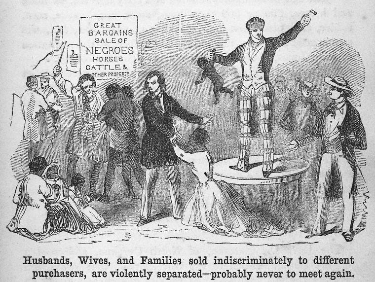 Abolitionist political cartoon from a pamphlet showing a slave family separated at auction.