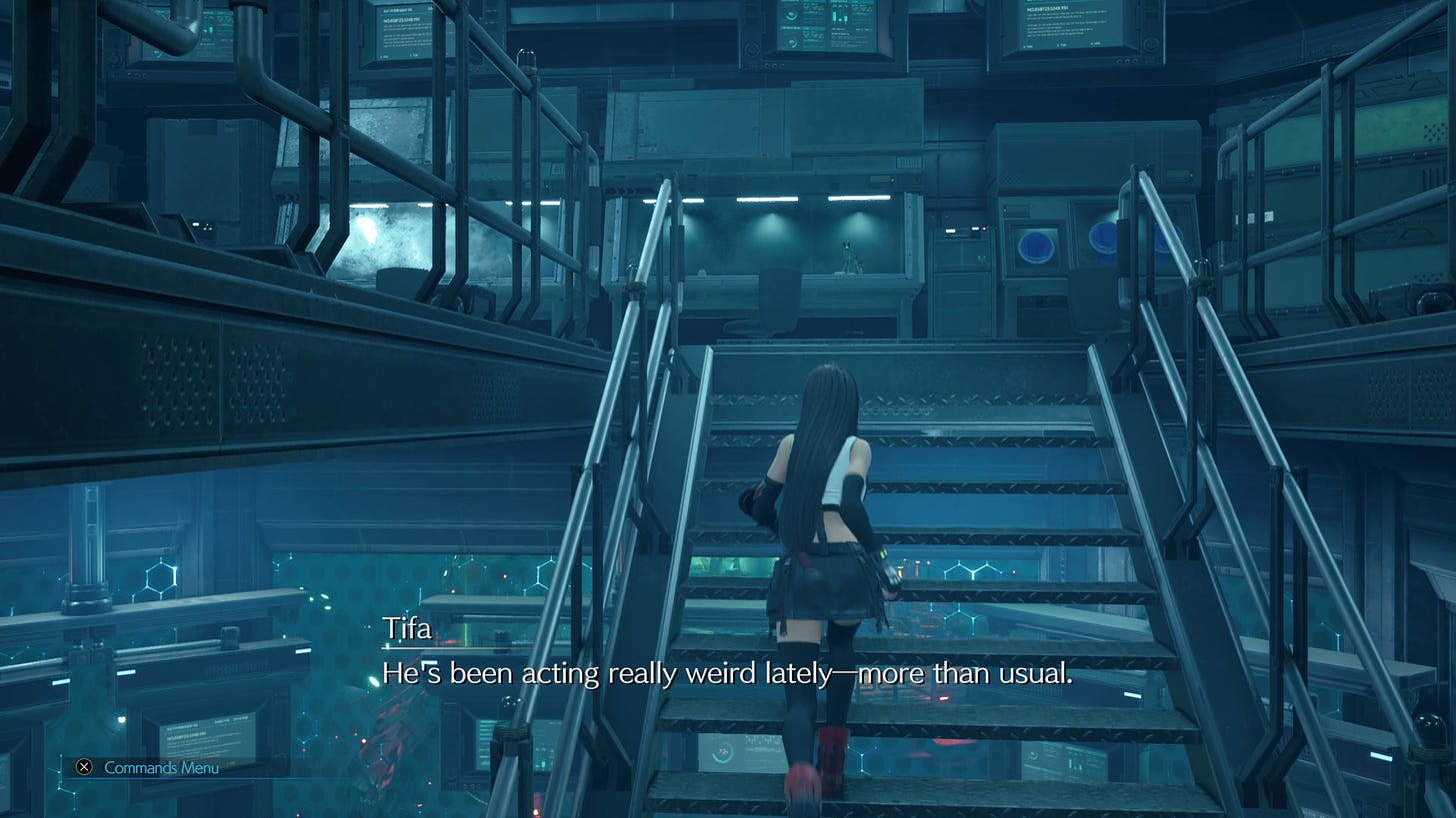 Tifa voicing her concerns to Aerith about Cloud's mental state in the Drum.