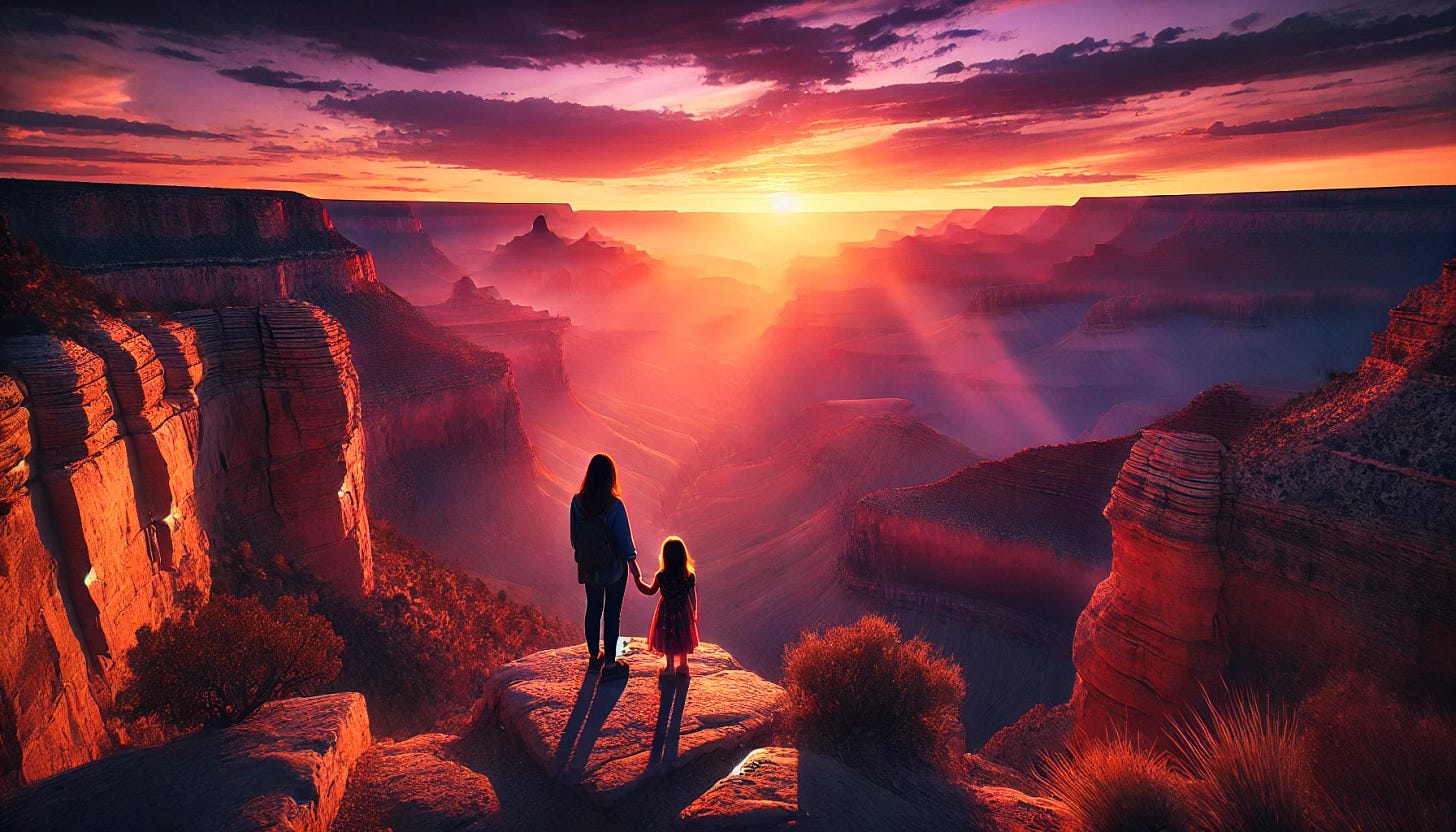 A breathtaking scene at the edge of the Grand Canyon during sunset. The vast expanse of the canyon stretches before the viewer, bathed in hues of orange, pink, and purple as the sun dips below the horizon. A parent and their daughter stand side by side, gazing in awe at the magnificent view. The daughter's hand slips into the parent's, symbolizing a quiet moment of love and connection. The atmosphere is filled with a sense of wonder, enjoyment, and deep appreciation for nature. The canyon’s layered rock formations glow in the fading light, and a gentle breeze stirs the air, enhancing the serene and profound beauty of the moment.