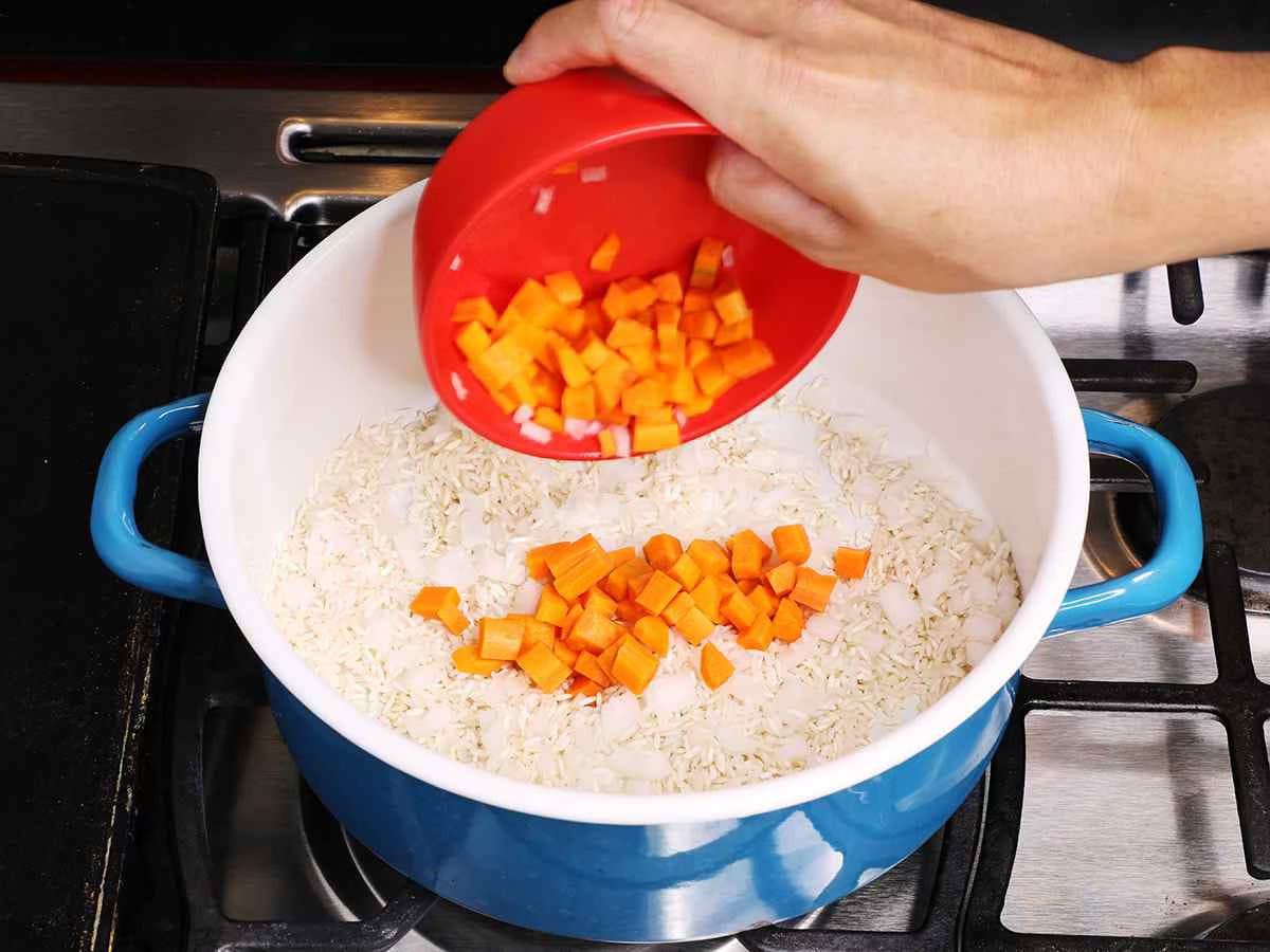 Adding Carrots and Onions to Rice