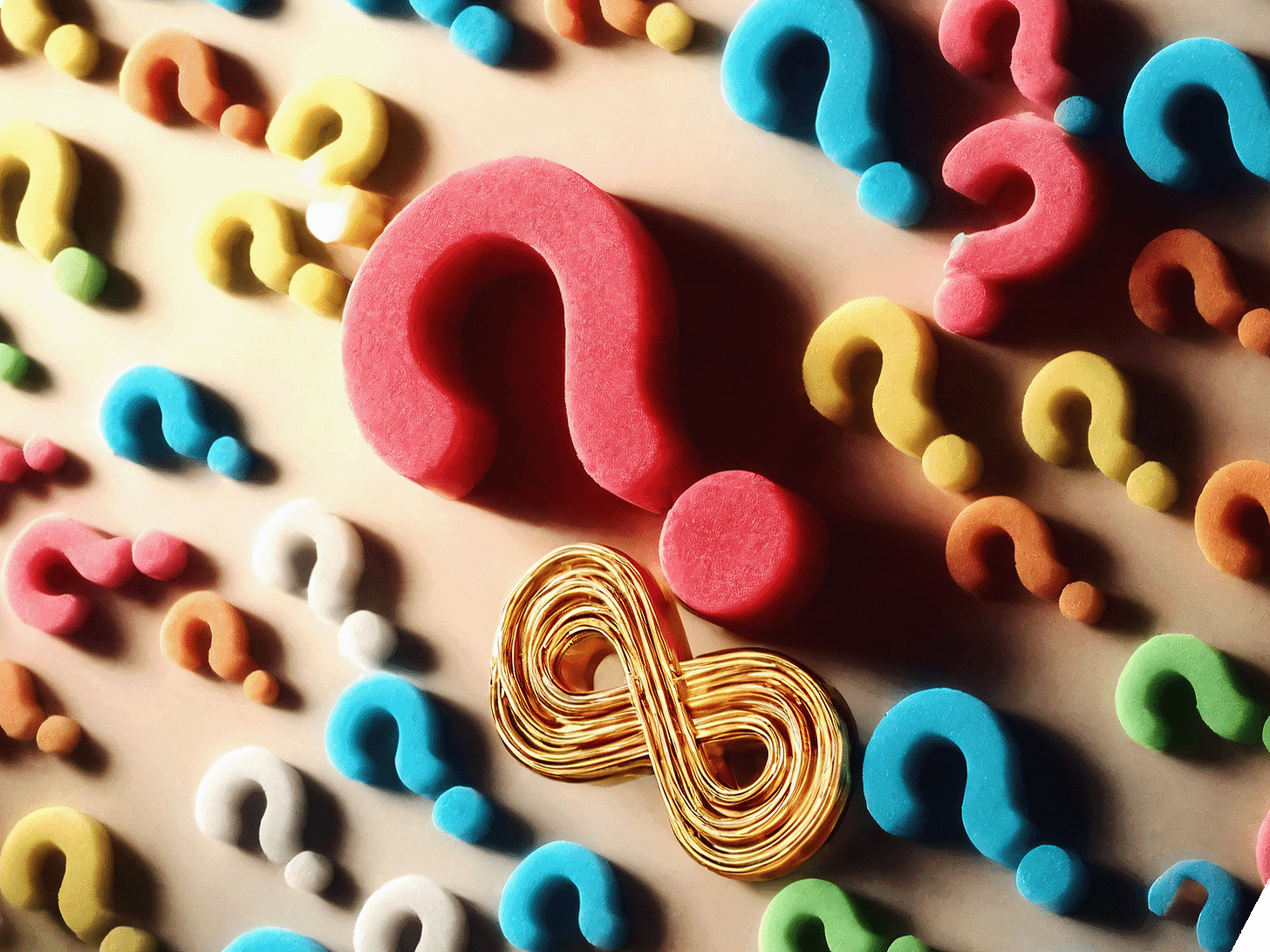 A digital photo illustration by the author, "Fiercely Autistic Questions." A scattering of kid's foam question marks on tan construction paper, with a gold infinity symbol toward the center. Dramatically lit from upper left corner. Digital tools included AI.