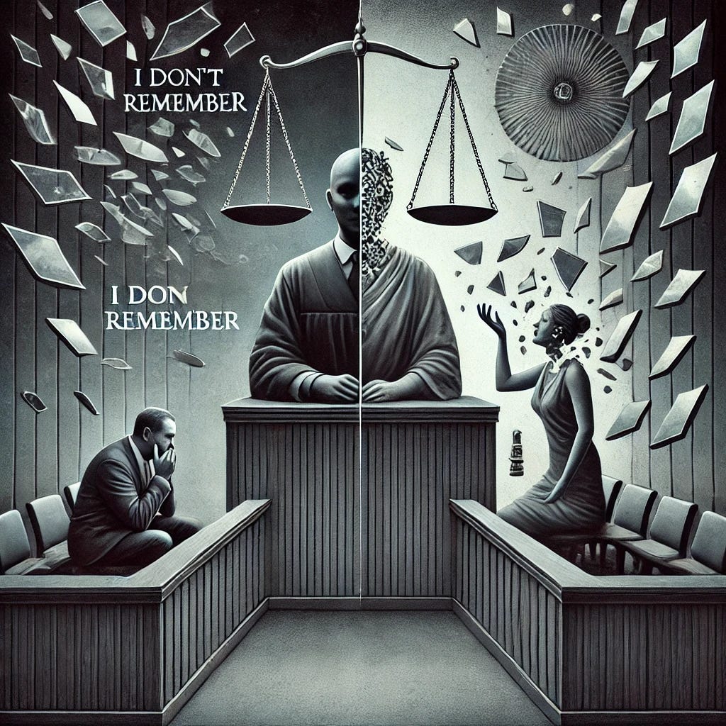 A symbolic representation of narcissist's amnesia and gaslighting. The image features a courtroom setting split into two contrasting halves. On one side, a calm, manipulative figure sits in shadow, holding a mask of innocence while denying events with the words 'I don’t remember' floating above. On the other side, an anxious, distressed victim struggles to present evidence, surrounded by fragmented mirrors symbolizing their broken sense of reality. Above, scales of justice are tilted heavily toward the manipulative figure, with cracks running through them. The overall tone is somber and unsettling, using dark grays and muted blues to emphasize emotional tension.