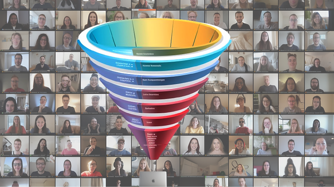 grid of webinar attendees overlaid with a 3D funnel illustration.