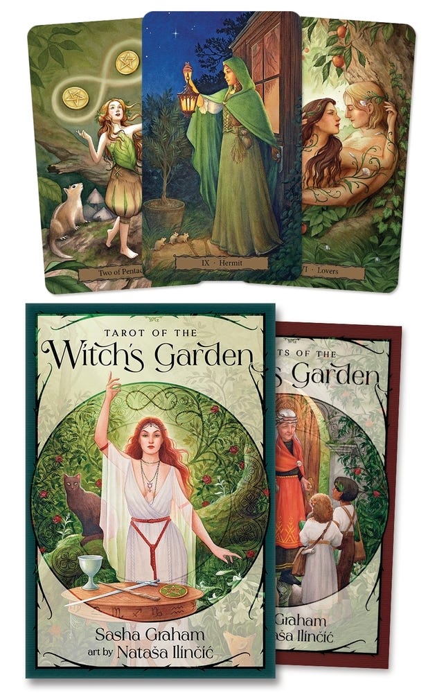 Three cards from and the book cover for the Tarot of a Witch's Garden by Sasha Graham and Nataša Ilinčić