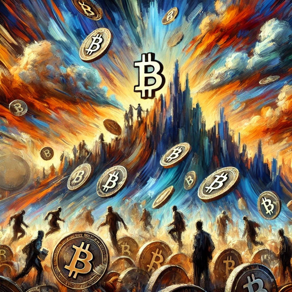 An abstract representation of the rise of Bitcoin ETFs. Dynamic brushstrokes and contrasting colors show the growth in investments and the surge in Bitcoin value. A mountain of Bitcoins represents the increasing managed assets, with ETF names like Grayscale highlighted. Figures in motion symbolize investors and the market's energy. A dramatic sky with vibrant colors signifies the record-breaking success and future potential. The scene evokes excitement and optimism, resembling an oil on canvas painting in an expressionistic style.
